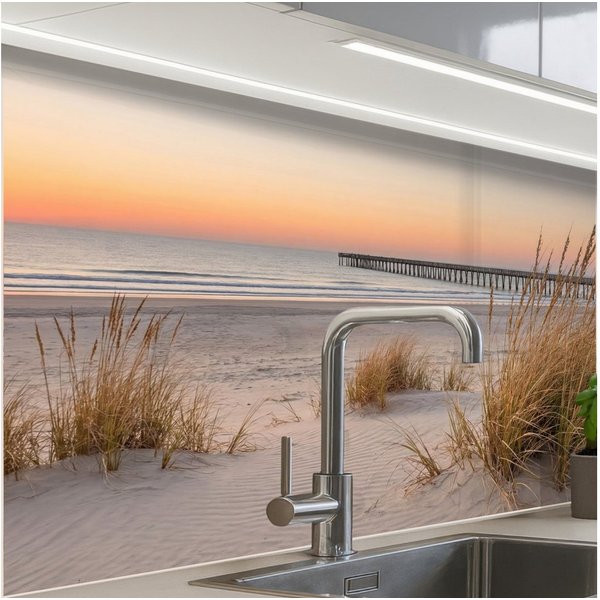 KitchenYeah Küchenrückwand Muster selbstklebend (keine Folie) Pier - Sonnenuntergang - Strand, (1-tlg), Spritzschutz, Küche, Rückwand, Küchenwand, Küchenfront, 