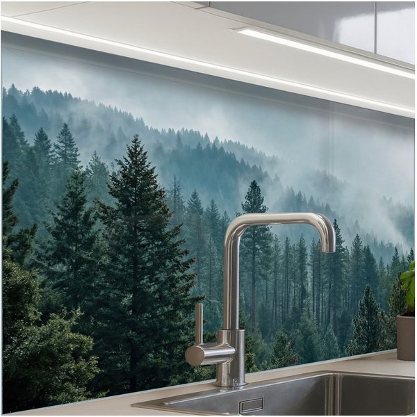 KitchenYeah Küchenrückwand Muster selbstklebend (keine Folie) Naaldwoud - Bergen - Nebel, (1-tlg), Spritzschutz, Küche, Rückwand, Küchenwand, Küchenfront, 30x20