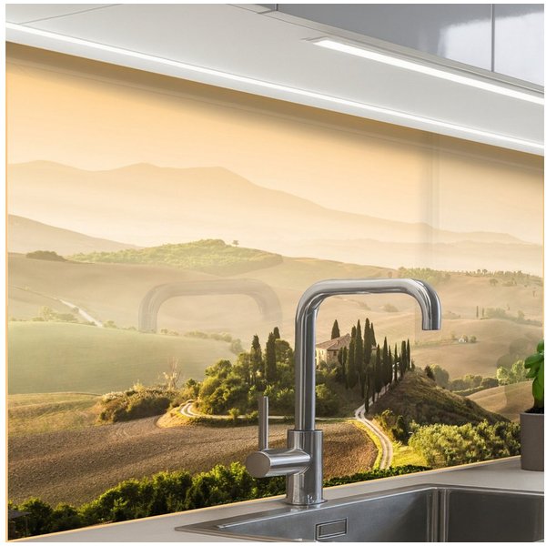 KitchenYeah Küchenrückwand Muster selbstklebend (keine Folie) Landschaft - Toskana - Morgenlicht, (1-tlg), Spritzschutz, Küche, Rückwand, Küchenwand, Küchenfron
