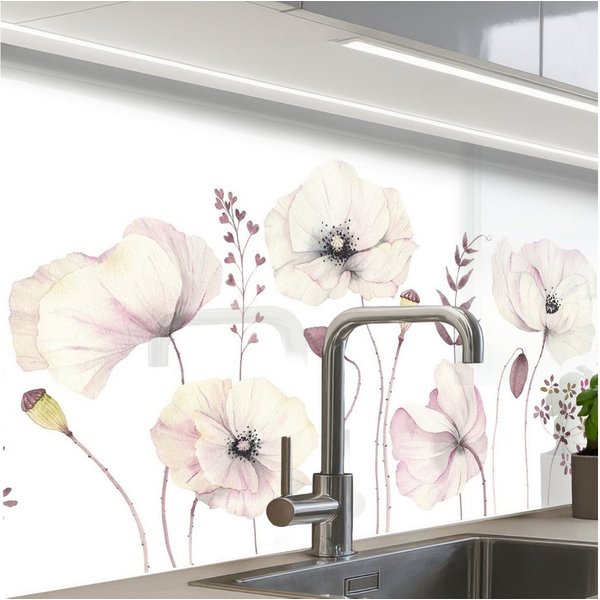 KitchenYeah Küchenrückwand Muster selbstklebend (keine Folie) Blumen - Pastell - Pflanzen - Weiß, (1-tlg), Spritzschutz, Küche, Rückwand, Küchenwand, Küchenfron