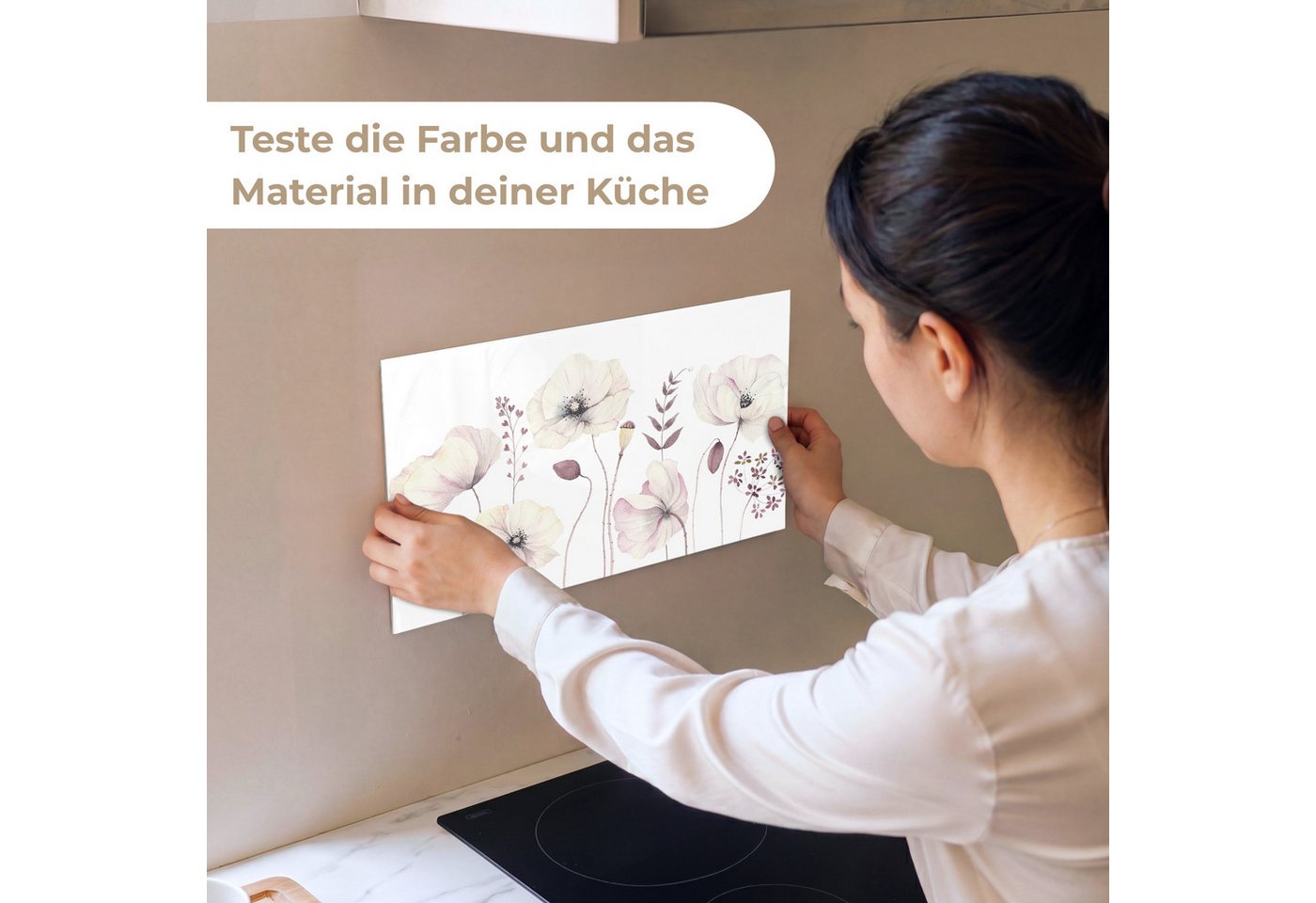 KitchenYeah Küchenrückwand Muster selbstklebend (keine Folie) Blumen - Pastell - Pflanzen - Weiß, (1-tlg), Spritzschutz, Küche, Rückwand, Küchenwand, Küchenfron – Bild 2 von 4