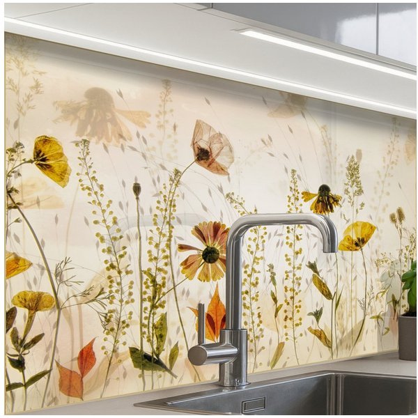 KitchenYeah Küchenrückwand Muster selbstklebend (keine Folie) Illustration - Pflanzen - Insekten, (1-tlg), Spritzschutz, Küche, Rückwand, Küchenwand, Küchenfron