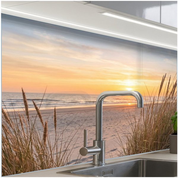 KitchenYeah Küchenrückwand Muster selbstklebend (keine Folie) Sonnenuntergang - Dünen - Meer, (1-tlg), Spritzschutz, Küche, Rückwand, Küchenwand, Küchenfront, 3