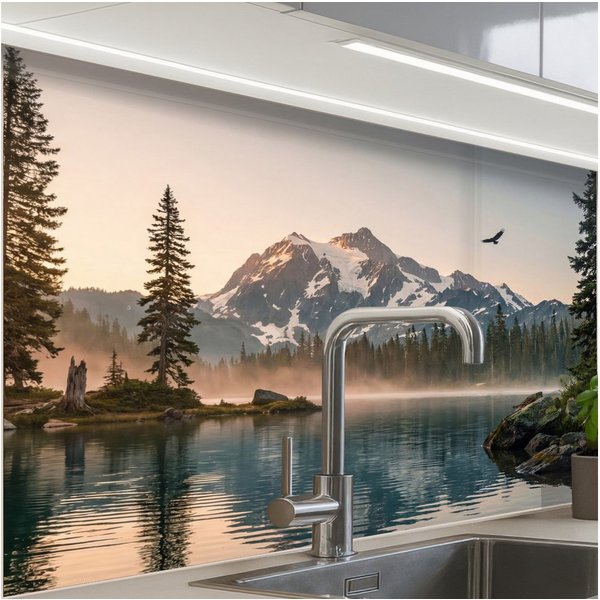 KitchenYeah Küchenrückwand Muster selbstklebend (keine Folie) Berge - Wasser - Bäume, (1-tlg), Spritzschutz, Küche, Rückwand, Küchenwand, Küchenfront, 30x20 cm