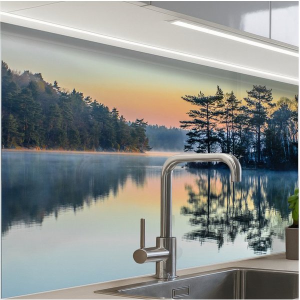 KitchenYeah Küchenrückwand Muster selbstklebend (keine Folie) Wasser - Bäume - Natur - Landschaft, (1-tlg), Spritzschutz, Küche, Rückwand, Küchenwand, Küchenfro