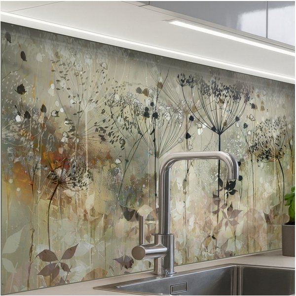 KitchenYeah Küchenrückwand Muster selbstklebend (keine Folie) Blumen - Grau - Natur - Kunst, (1-tlg), Spritzschutz, Küche, Rückwand, Küchenwand, Küchenfront, 30