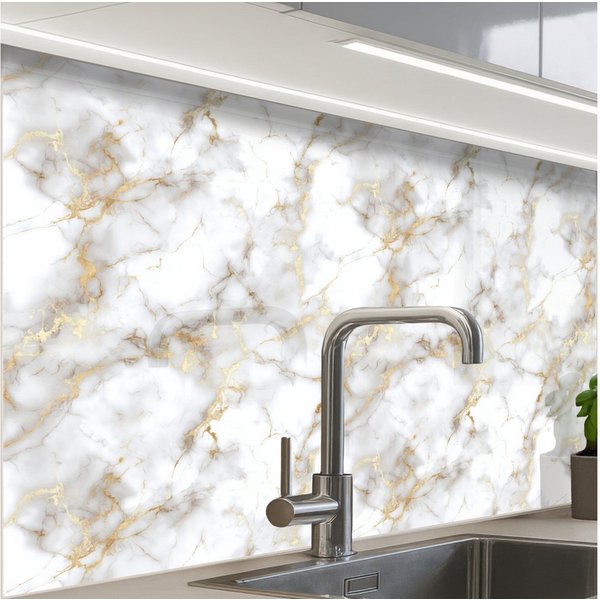 KitchenYeah Küchenrückwand Muster selbstklebend (keine Folie) Goldene Adern - Marmor - Weiß, (1-tlg), Spritzschutz, Küche, Rückwand, Küchenwand, Küchenfront, 30