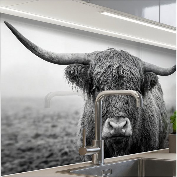 KitchenYeah Küchenrückwand Muster selbstklebend (keine Folie) Schottischer Highlander - Schwarz -, (1-tlg), Spritzschutz, Küche, Rückwand, Küchenwand, Küchenfro