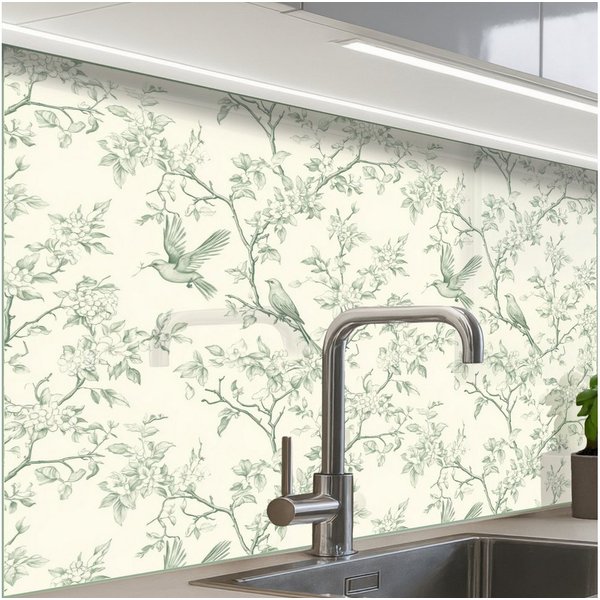 KitchenYeah Küchenrückwand Muster selbstklebend (keine Folie) Klassisch - Vögel - Grün, (1-tlg), Spritzschutz, Küche, Rückwand, Küchenwand, Küchenfront, 30x20 c