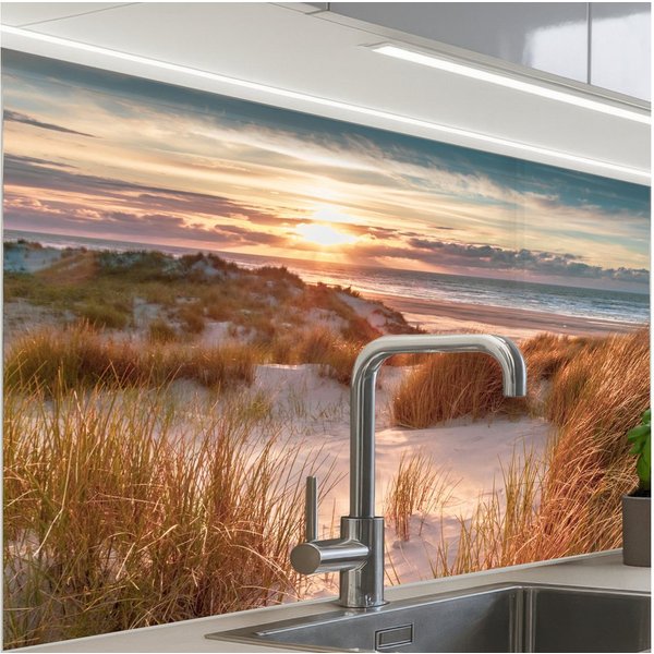 KitchenYeah Küchenrückwand selbstklebend Düne - Pflanzen - Sonnenuntergang - Strand - Meer, (1-tlg), Spritzschutz, Küche, Rückwand, Küchenwand, Küchenfront, 80x