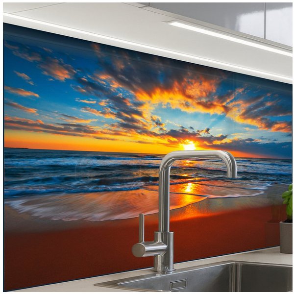 KitchenYeah Küchenrückwand selbstklebend Meer - Sonnenuntergang - Strand - Wolken - Orange, (1-tlg), Spritzschutz, Küche, Rückwand, Küchenwand, Küchenfront, 80x