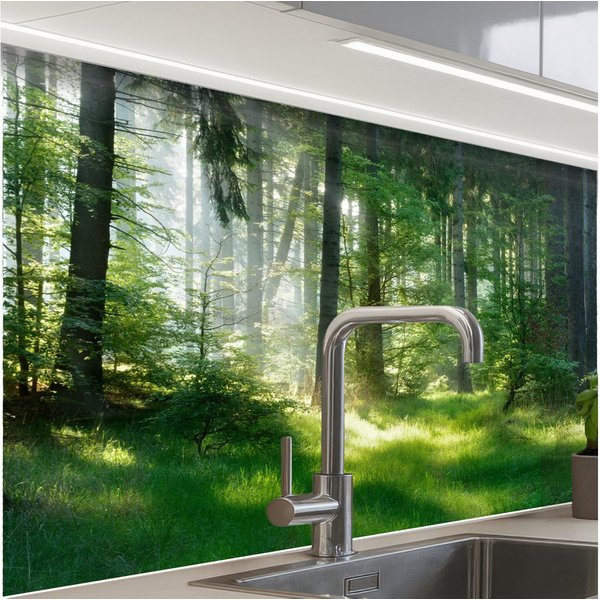 KitchenYeah Küchenrückwand selbstklebend Natur - Bäume - Wald - Grün - Sonne - Gras - Pflanzen, (1-tlg), Spritzschutz, Küche, Rückwand, Küchenwand, Küchenfront,