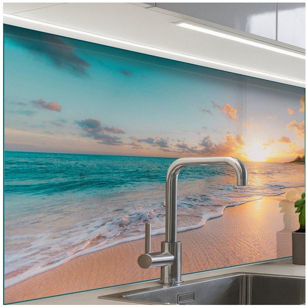 KitchenYeah Küchenrückwand selbstklebend Sonnenuntergang - Strand - Meer - Sommer - Blau, (1-tlg), Spritzschutz, Küche, Rückwand, Küchenwand, Küchenfront, 80x60