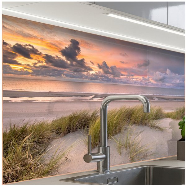 KitchenYeah Küchenrückwand selbstklebend Sonnenuntergang - Düne - Strand - Pflanzen - Meer, (1-tlg), Spritzschutz, Küche, Rückwand, Küchenwand, Küchenfront, 80x
