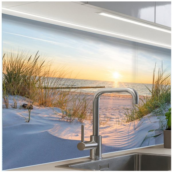 KitchenYeah Küchenrückwand selbstklebend Strand - Sonne - Düne - Gras - Sand - Horizont, (1-tlg), Spritzschutz, Küche, Rückwand, Küchenwand, Küchenfront, 80x60 