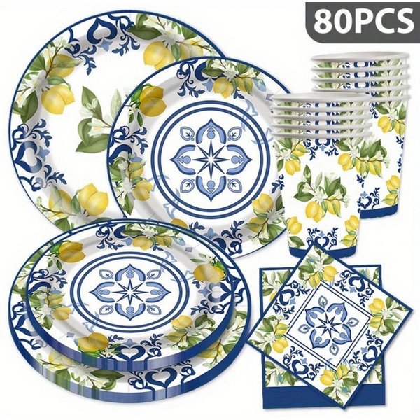 Kityhome Einwegteller 80-tlg Pappteller-Set,Party-Einweggeschirr-Set,Familientreffen, (80 St), Blau-weißes Zitronen-Motiv,Porzellan-Optik