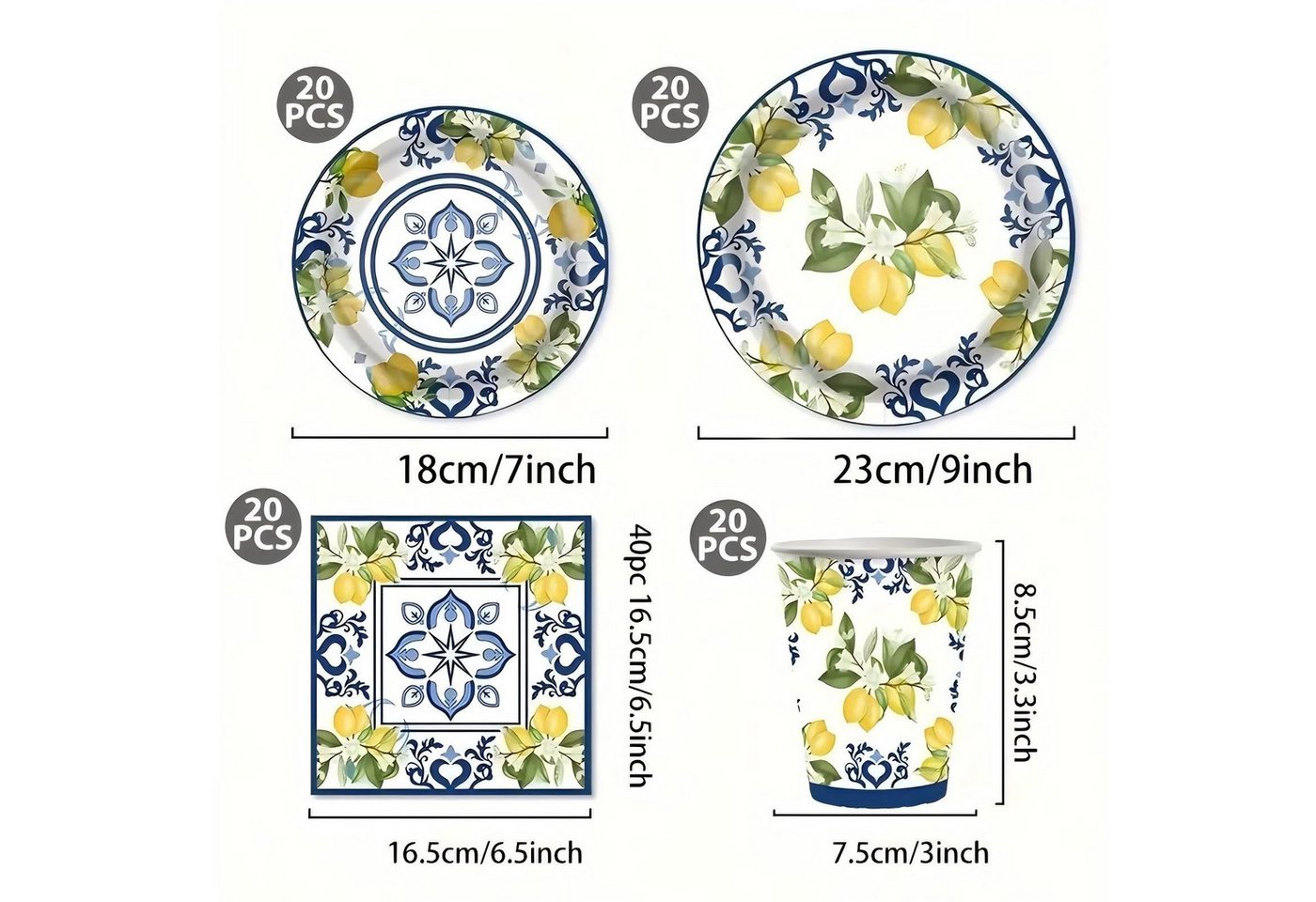 Kityhome Einwegteller 80-tlg Pappteller-Set,Party-Einweggeschirr-Set,Familientreffen, (80 St), Blau-weißes Zitronen-Motiv,Porzellan-Optik – Bild 2 von 4