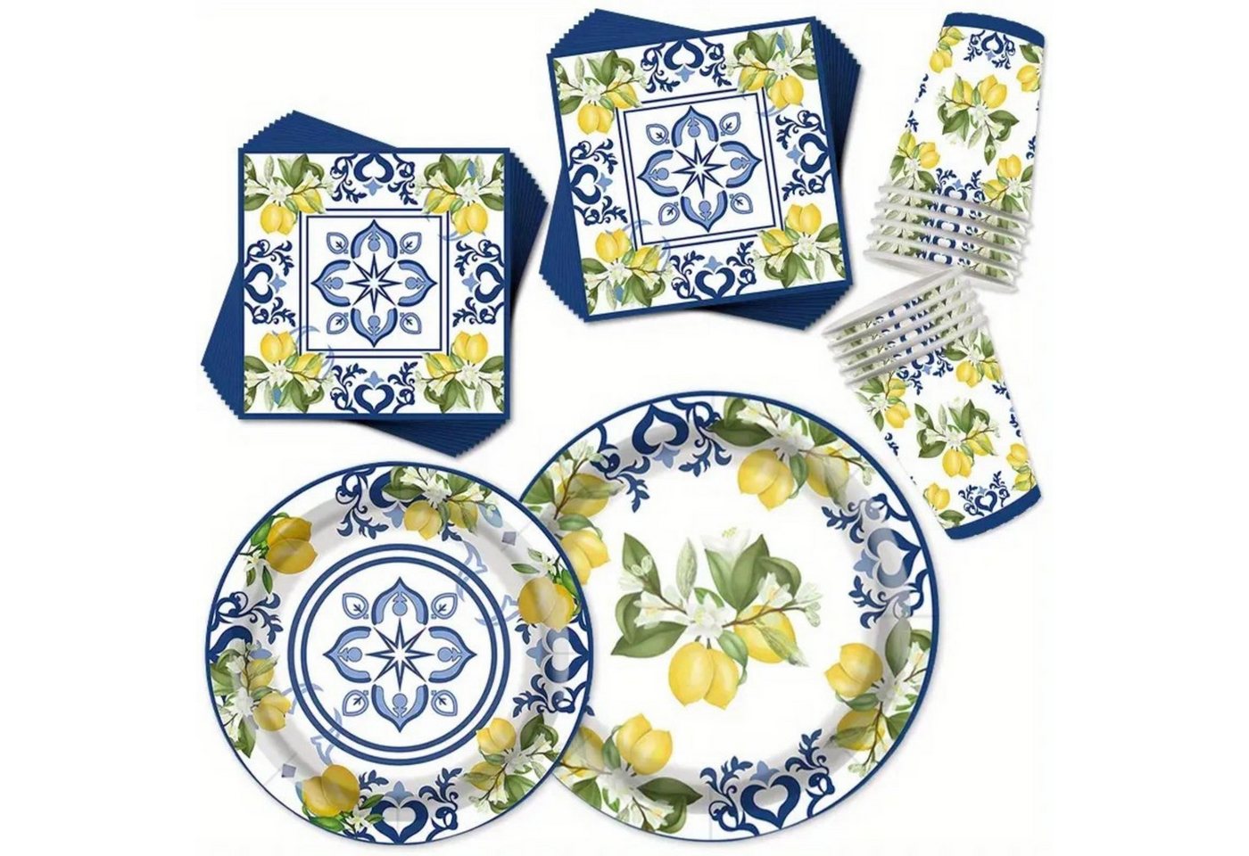 Kityhome Einwegteller 80-tlg Pappteller-Set,Party-Einweggeschirr-Set,Familientreffen, (80 St), Blau-weißes Zitronen-Motiv,Porzellan-Optik – Bild 4 von 4