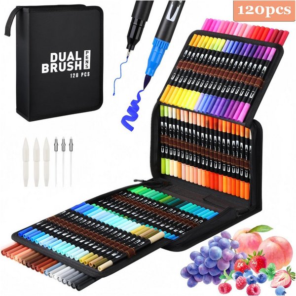Kityhome Filzstift 120 Farben Dual Tip Marker Stifte Filzstifte Buntstift Lackmarker, (Set, 120-tlg., 3 Ersatzpinselspitzen/3 Ersatzfeinspitzen), Filzstift,Mals