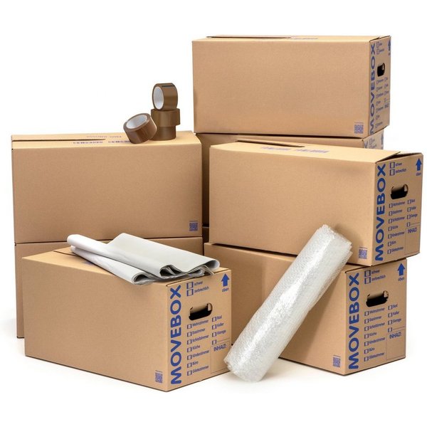 KK Verpackungen Aufbewahrungsbox (Komplett-Set, Kartons Packseide Luftpolsterfolie Klebeband Braun), 25 Umzugskartons 1kg Packseide 0,5x5m Luftpolsterfolie Kleb