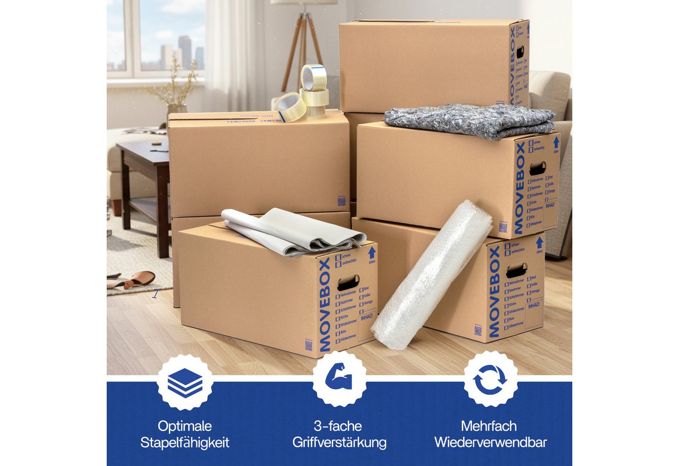 KK Verpackungen Aufbewahrungsbox (Spar-Set, 10 St., 10er-Set), Movebox 2-welliger Umzugskarton Umzugskiste 40kg Braun – Bild 3 von 5