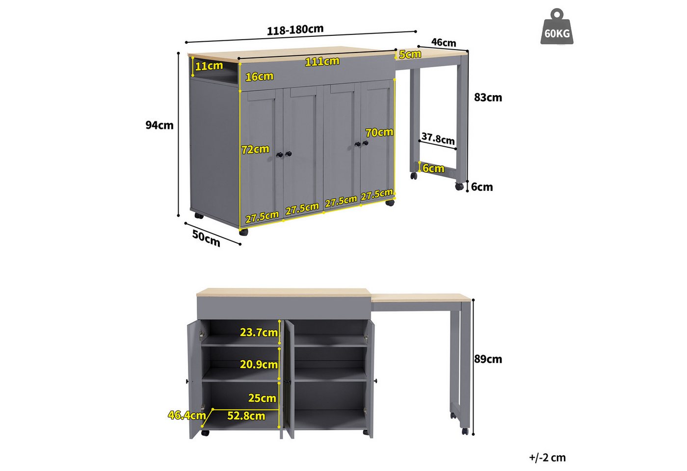 KLAM HOME Bartisch Moderner ausziehbarer Bartisch mit Stauraum(118-180×50×94cm) (Ausziehbarer Esstisch mit sechs AblageflächenStehtisch Bistrotisch), für Esszim – Bild 3 von 5