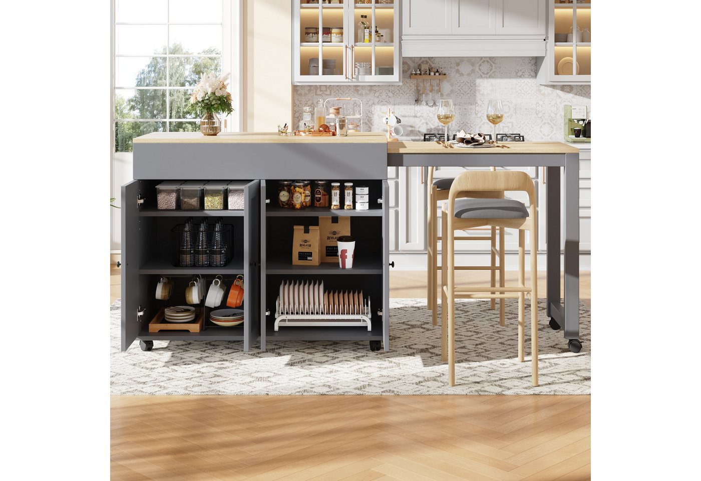 KLAM HOME Bartisch Moderner ausziehbarer Bartisch mit Stauraum(118-180×50×94cm) (Ausziehbarer Esstisch mit sechs AblageflächenStehtisch Bistrotisch), für Esszim – Bild 5 von 5