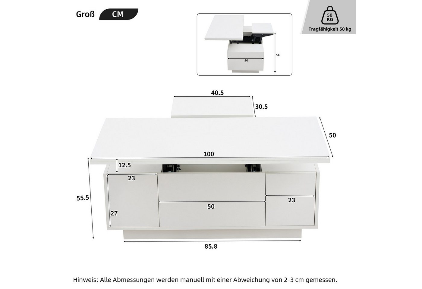 KLAM HOME Couchtisch Moderner Couchtisch mit Doppel-Hebemechanismus (Innovativer Stauraum und bis zu 50 kg Belastbarkeit), Elegantes Design mit praktischer Funk – Bild 3 von 5