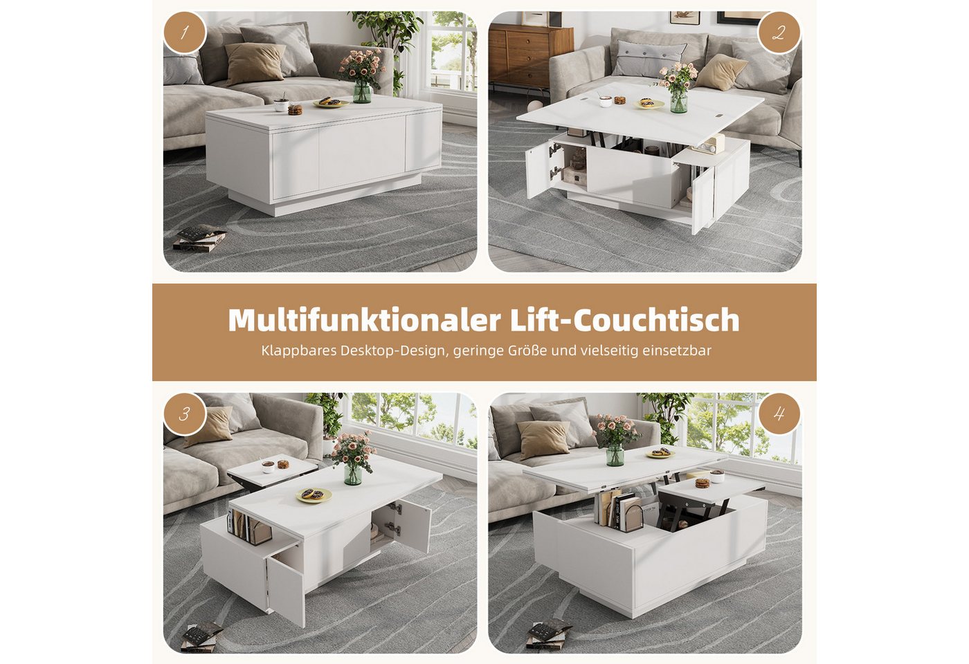 KLAM HOME Couchtisch Moderner Couchtisch mit Doppel-Hebemechanismus (Innovativer Stauraum und bis zu 50 kg Belastbarkeit), Elegantes Design mit praktischer Funk – Bild 5 von 5