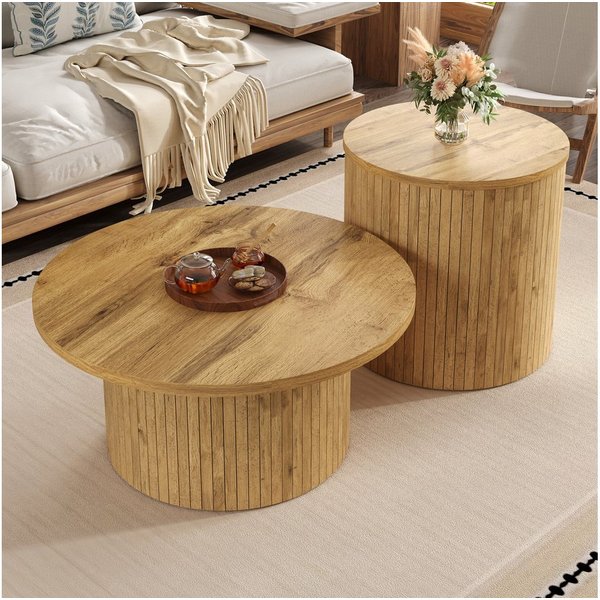 KLAM HOME Couchtisch Runder Couchtisch Set Mit Naturholzoptik Aus MDF (Doppeltes Tisch Design Für Vielseitige Nutzung), Moderner Beistelltisch Im Skandinavische