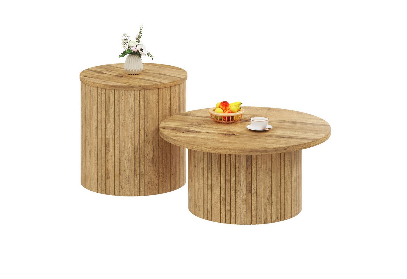 KLAM HOME Couchtisch Runder Couchtisch Set Mit Naturholzoptik Aus MDF (Doppeltes Tisch Design Für Vielseitige Nutzung), Moderner Beistelltisch Im Skandinavische – Bild 2 von 5