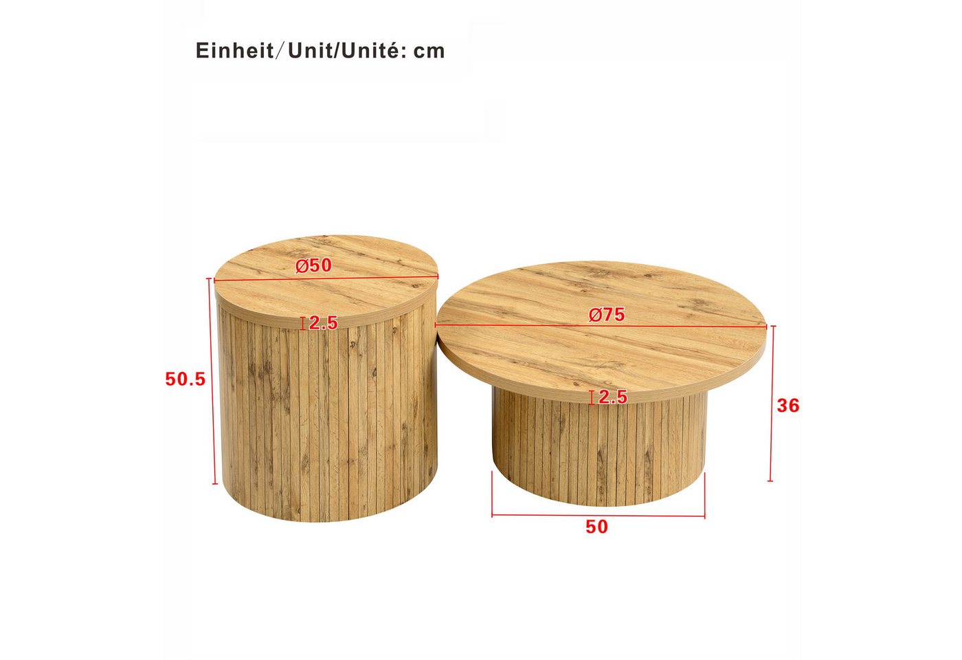 KLAM HOME Couchtisch Runder Couchtisch Set Mit Naturholzoptik Aus MDF (Doppeltes Tisch Design Für Vielseitige Nutzung), Moderner Beistelltisch Im Skandinavische – Bild 3 von 5