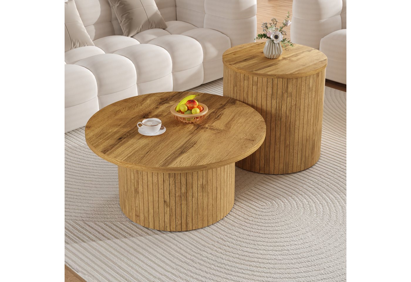 KLAM HOME Couchtisch Runder Couchtisch Set Mit Naturholzoptik Aus MDF (Doppeltes Tisch Design Für Vielseitige Nutzung), Moderner Beistelltisch Im Skandinavische – Bild 5 von 5