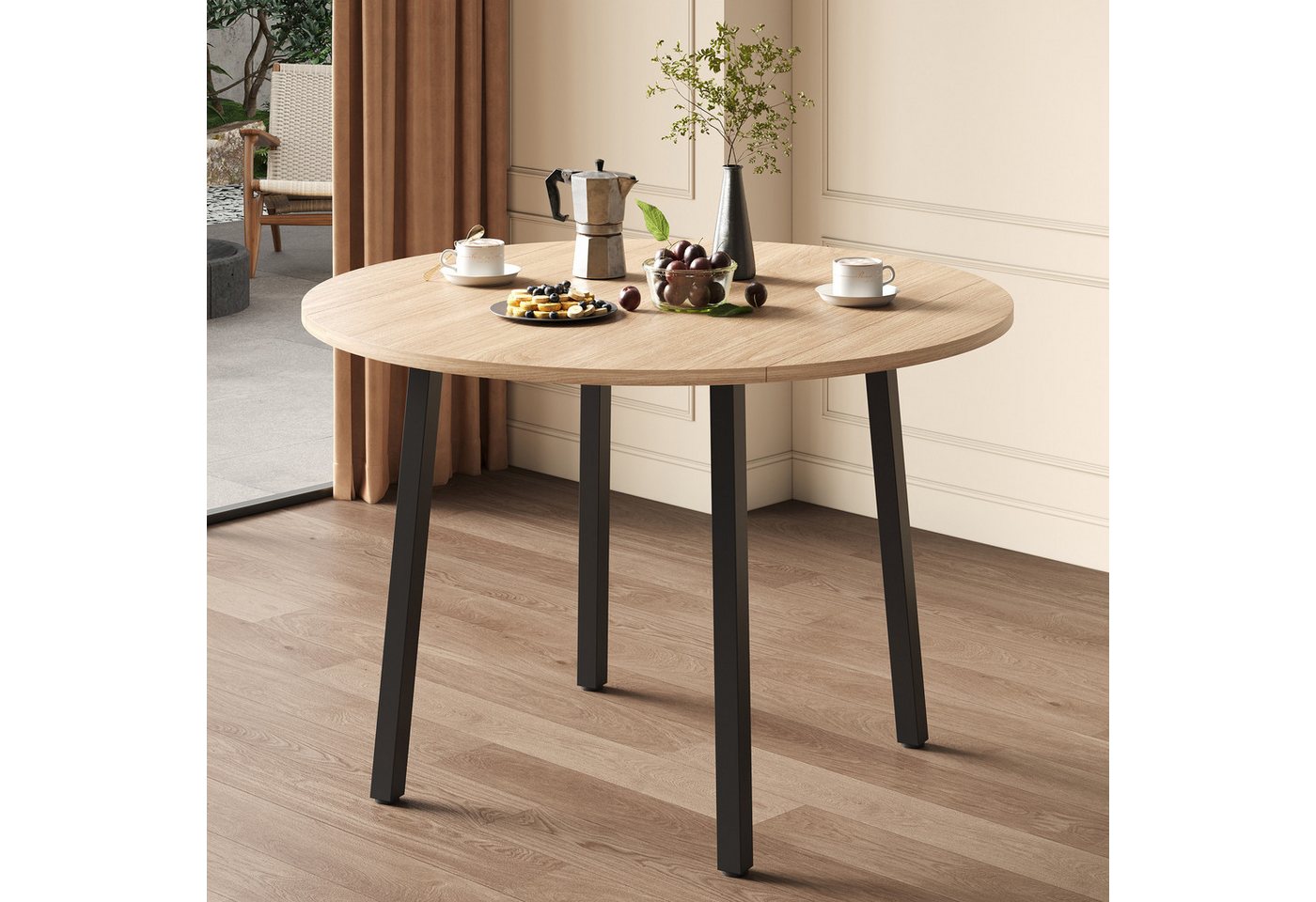 KLAM HOME Esstisch Klapp-Esstisch Eichenoptik mit stabilen Metallfüßen für kompakte Räume (Rundklapptisch 100x100cm platzsparend für 2 bis 4 Personen), Minimali – Bild 4 von 5