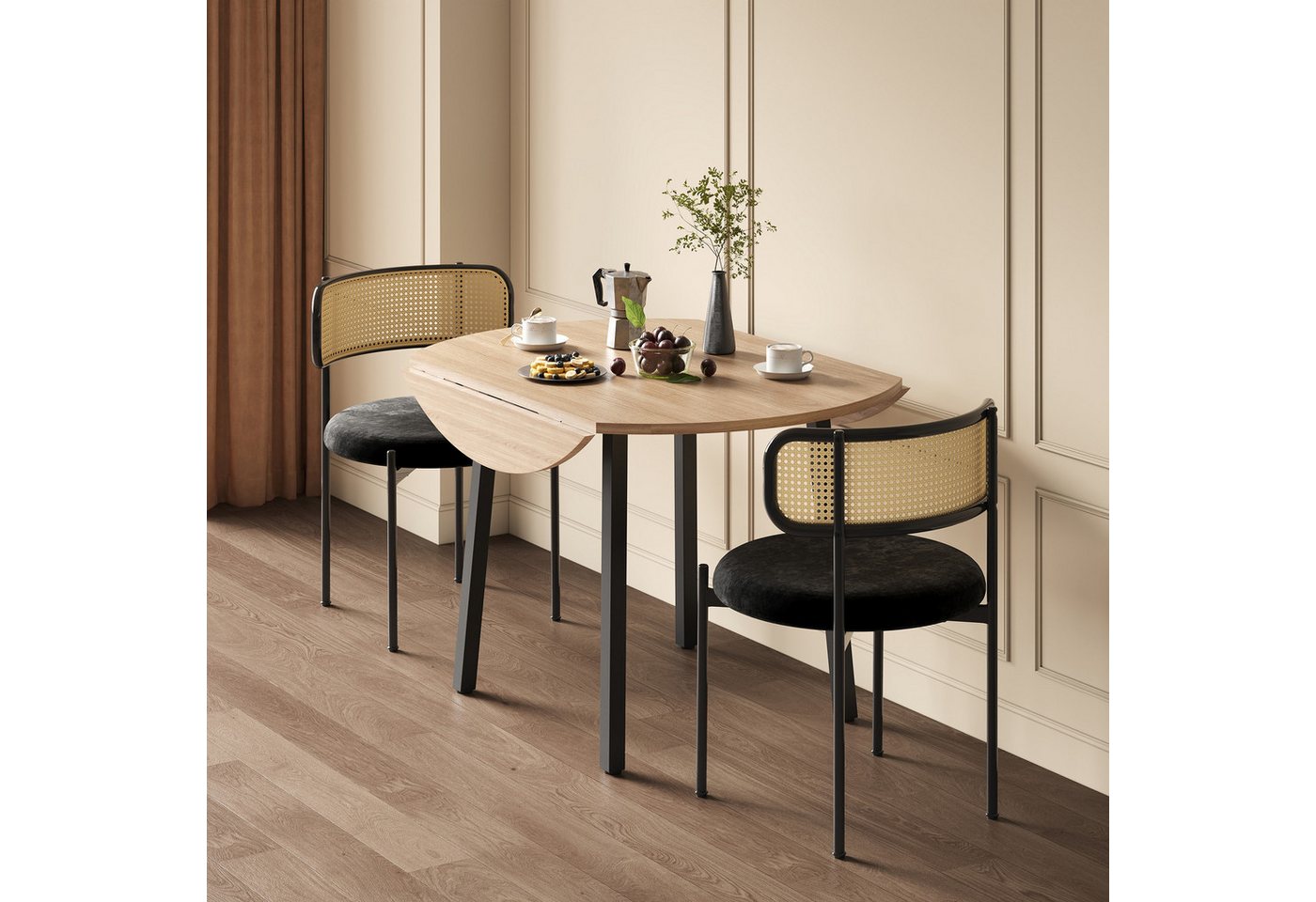 KLAM HOME Esstisch Klapp-Esstisch Eichenoptik mit stabilen Metallfüßen für kompakte Räume (Rundklapptisch 100x100cm platzsparend für 2 bis 4 Personen), Minimali – Bild 5 von 5