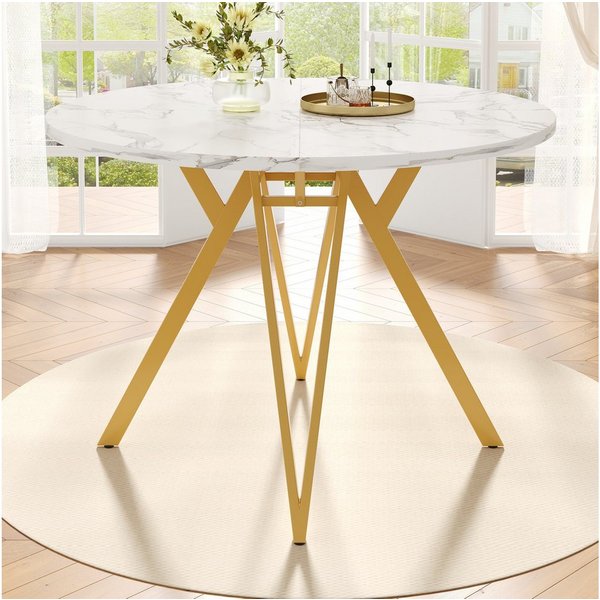KLAM HOME Esstisch Runder Esstisch (100×100×76cm), Küchen-Esstisch, runder Couchtisch (stilvolle Tischbeine aus Metall, Tischplatte aus MDF-Marmor, Gold), geeig