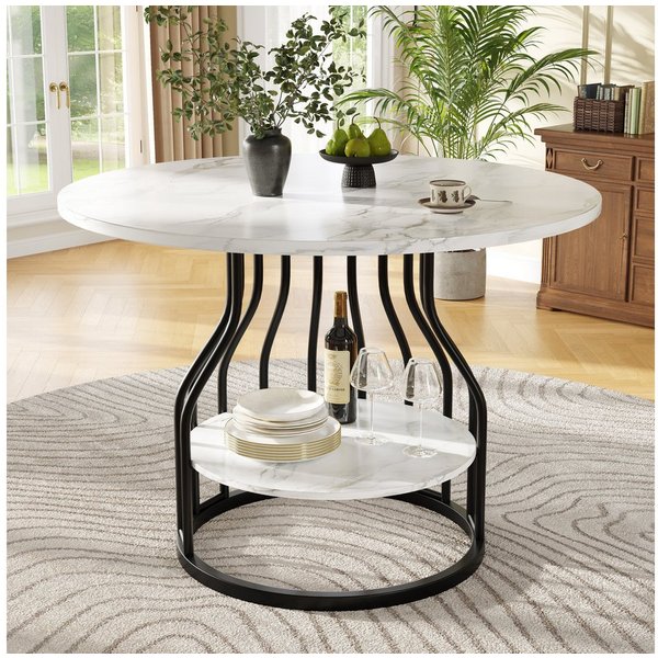 KLAM HOME Esstisch Runder Esstisch (80×80×76cm), Küchen-Esstisch, runder Couchtisch (Kleine runde Platte in der Mitte zur Aufbewahrung), MDF-Marmor-Tischplatte,