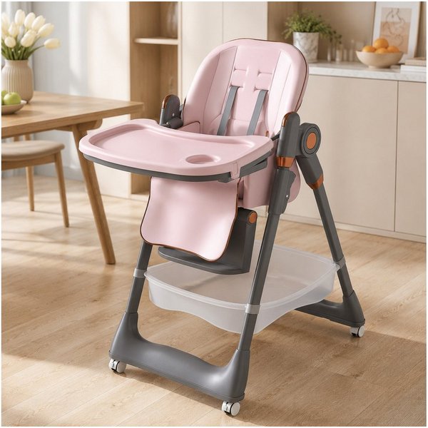 KLAM HOME Kinderklappstuhl Kinderstuhl 6-36 Monate, bis 45kg, faltbar & vielfach verstellbar (Sicherer Kinderklappstuhl mit 5-Punkt-Gurt, Feststellrädern & Tabl