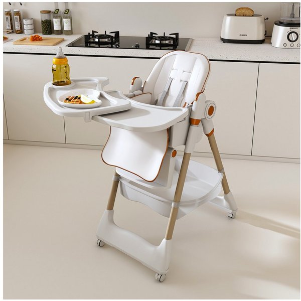 KLAM HOME Kinderklappstuhl Kinderstuhl 6-36 Monate, bis 45kg, faltbar & vielfach verstellbar (Sicherer Kinderklappstuhl mit 5-Punkt-Gurt, Feststellrädern & Tabl
