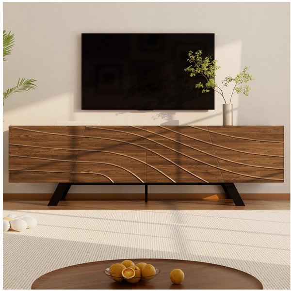 KLAM HOME Lowboard Modernes Lowboard Mit Wellenfront Im Walnuss Design (160cm TV Schrank Mit Stabilem Eisengestell Und Großem Stauraum), TV Möbel Mit Integriert