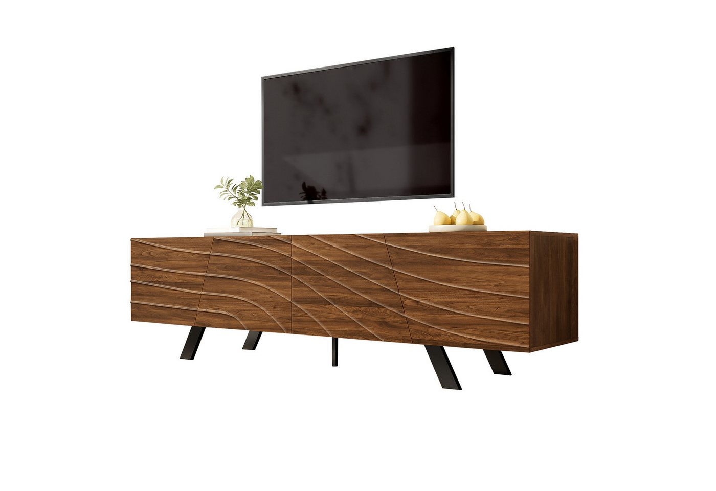 KLAM HOME Lowboard Modernes Lowboard Mit Wellenfront Im Walnuss Design (160cm TV Schrank Mit Stabilem Eisengestell Und Großem Stauraum), TV Möbel Mit Integriert – Bild 2 von 5