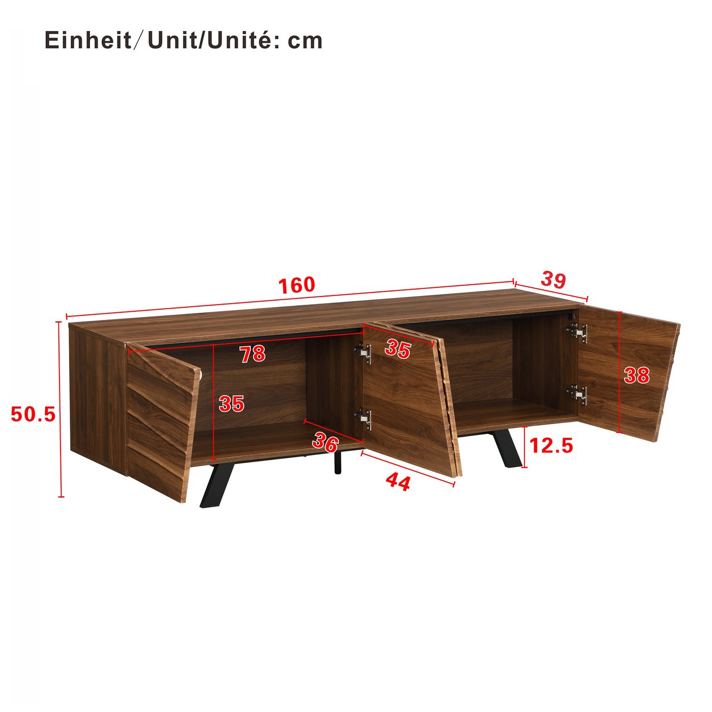 KLAM HOME Lowboard Modernes Lowboard Mit Wellenfront Im Walnuss Design (160cm TV Schrank Mit Stabilem Eisengestell Und Großem Stauraum), TV Möbel Mit Integriert – Bild 3 von 5