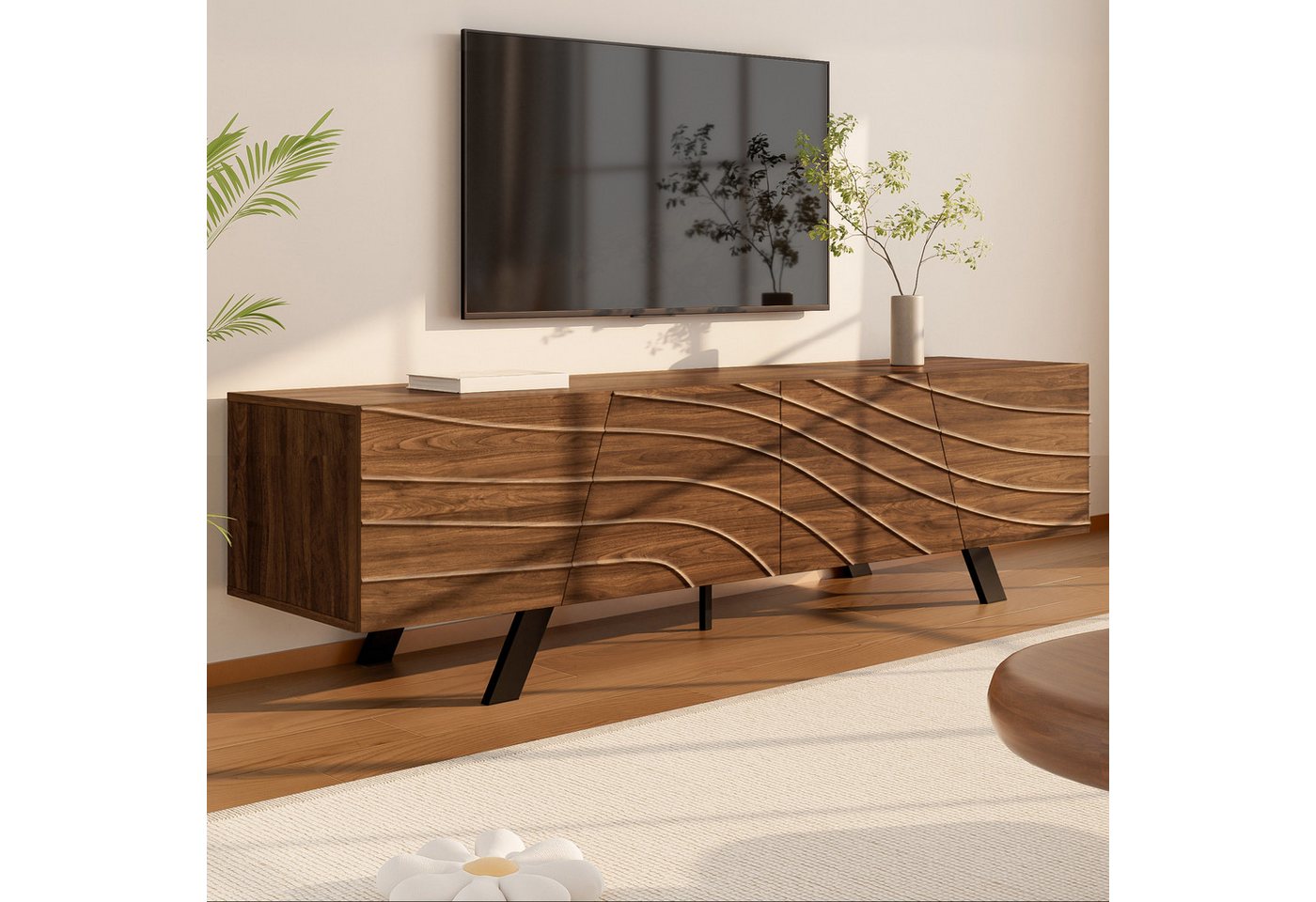 KLAM HOME Lowboard Modernes Lowboard Mit Wellenfront Im Walnuss Design (160cm TV Schrank Mit Stabilem Eisengestell Und Großem Stauraum), TV Möbel Mit Integriert – Bild 4 von 5