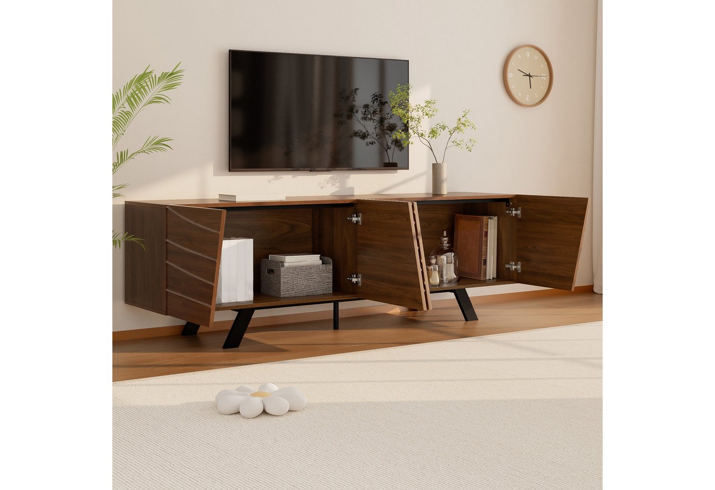 KLAM HOME Lowboard Modernes Lowboard Mit Wellenfront Im Walnuss Design (160cm TV Schrank Mit Stabilem Eisengestell Und Großem Stauraum), TV Möbel Mit Integriert – Bild 5 von 5