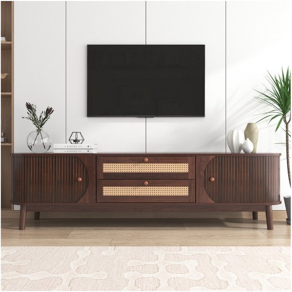 KLAM HOME Lowboard TV-Schrank Mit Natürlichem Rattan Design Und Massivholz (Landhausstil TV Schrank Mit Türen Und Schubladen), 170cm TV Möbel In Holzoptik Für 5
