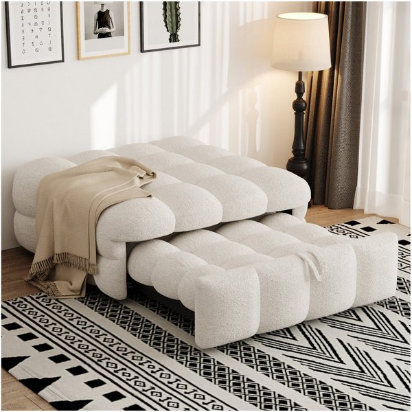 KLAM HOME Schlafsofa Polsterbett, Einzelbett, Puffy-Bett, 2-in-1-FußhockerTeddy-Stoff, Grau, Polsterbett Daybett Tagesbett für Wohnzimmer,Schlafzimmer(Ohne Kiss