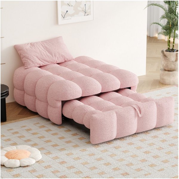 KLAM HOME Schlafsofa Polsterbett, Einzelbett, Puffy-Bett, 2-in-1-FußhockerTeddy-Stoff, Grau, Polsterbett Daybett Tagesbett für Wohnzimmer,Schlafzimmer(Ohne Kiss