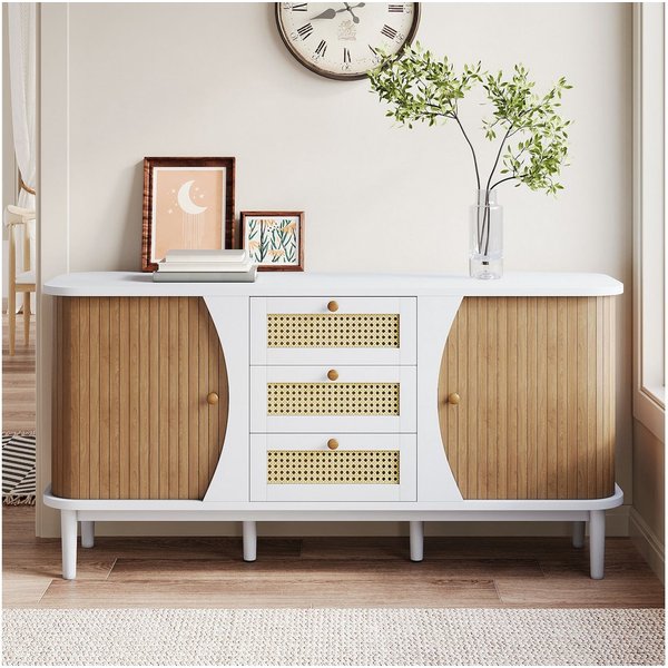KLAM HOME Sideboard Rattankommode, Kommode mit Schiebetüren, mit verstellbaren Einlegeböden und abgerundeter Platte