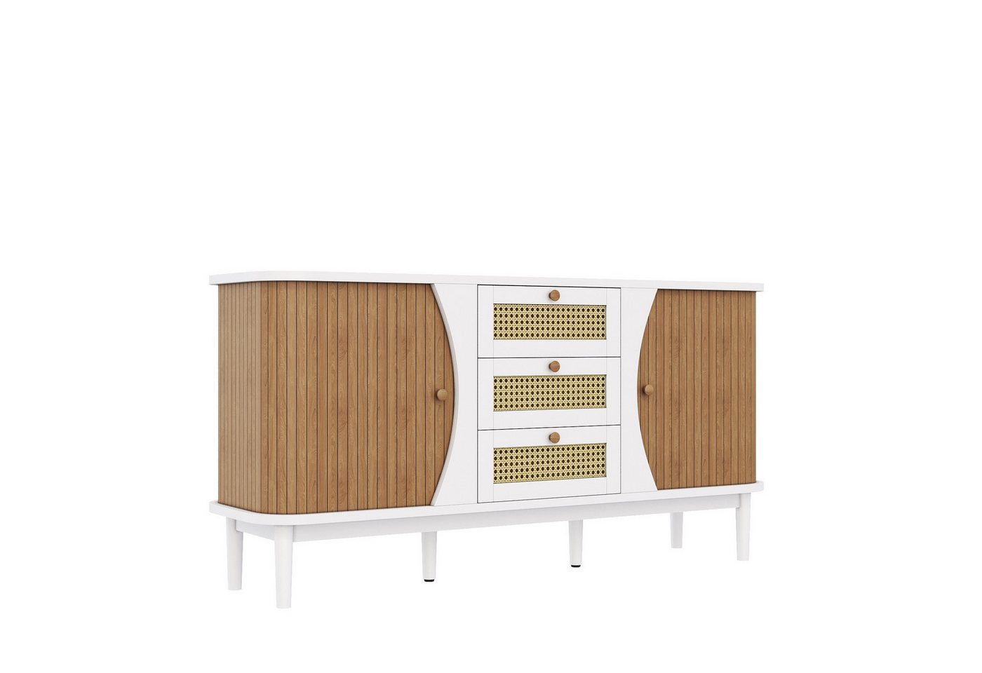 KLAM HOME Sideboard Rattankommode, Kommode mit Schiebetüren, mit verstellbaren Einlegeböden und abgerundeter Platte – Bild 2 von 5