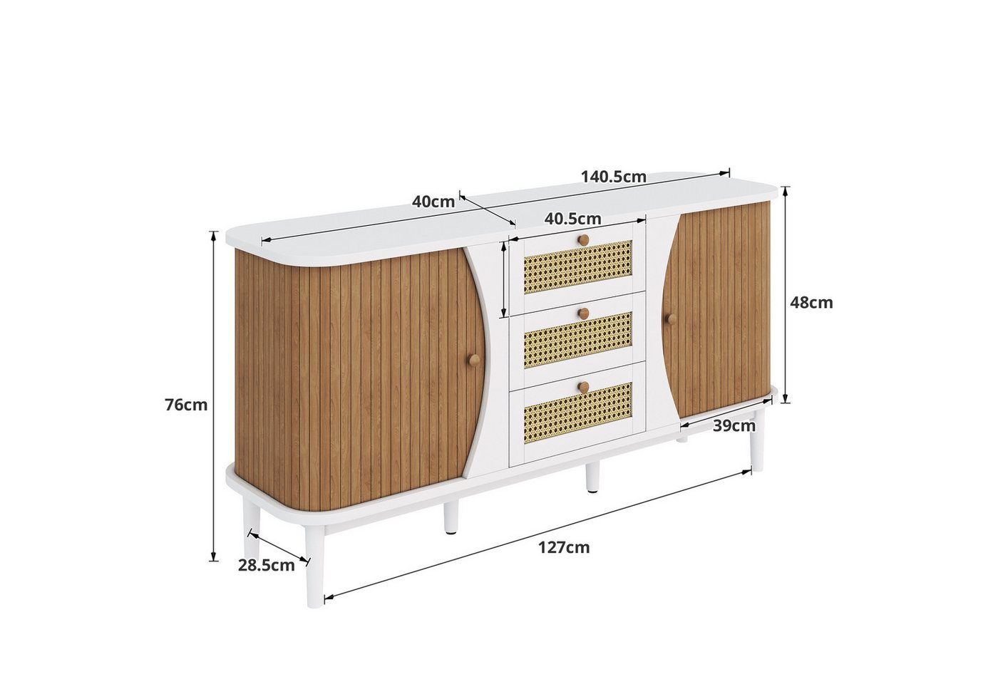 KLAM HOME Sideboard Rattankommode, Kommode mit Schiebetüren, mit verstellbaren Einlegeböden und abgerundeter Platte – Bild 3 von 5